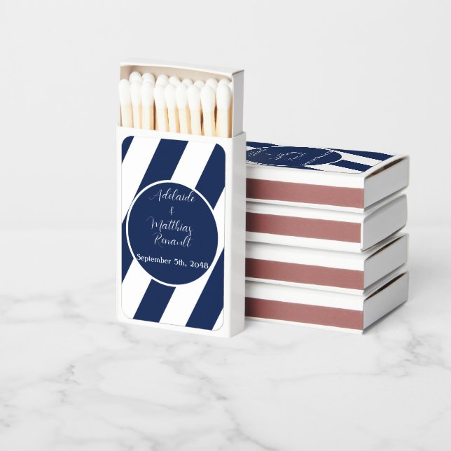 Elegant Nautical Striped Wedding -Navy Blue, White Matchboxes (Stacked)