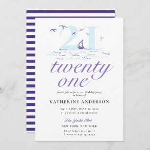 Elegant Nautical Stripes Boat Ocean 21st Birthday Invitation