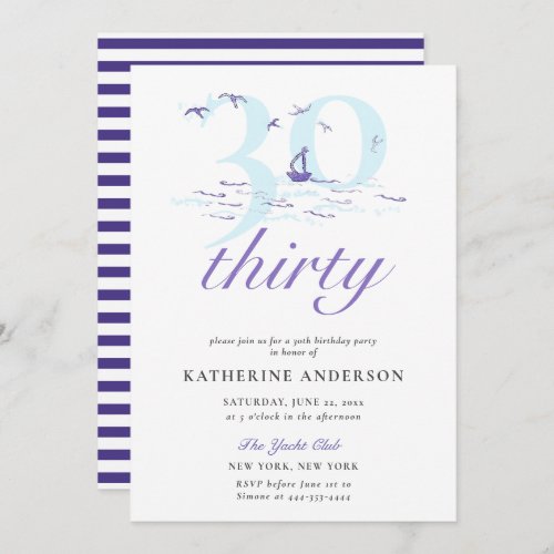 Elegant Nautical Stripes Boat Ocean 30th Birthday Invitation