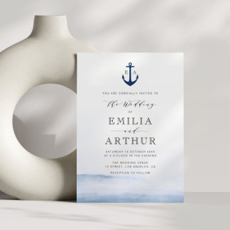 elegant nautical style watercolor blue wedding invitation