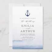 elegant nautical style watercolor blue wedding invitation (Front)