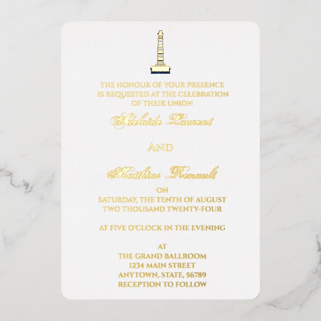 Elegant Nautical Wedding Lighthouse - Navy Blue, Foil Invitation (Front)