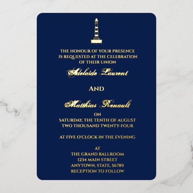 Elegant Nautical Wedding Lighthouse - Navy Blue,  Foil Invitation (Front)