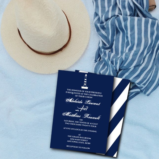 Elegant Nautical Wedding Lighthouse - Navy Blue, Invitation (Creator Uploaded)