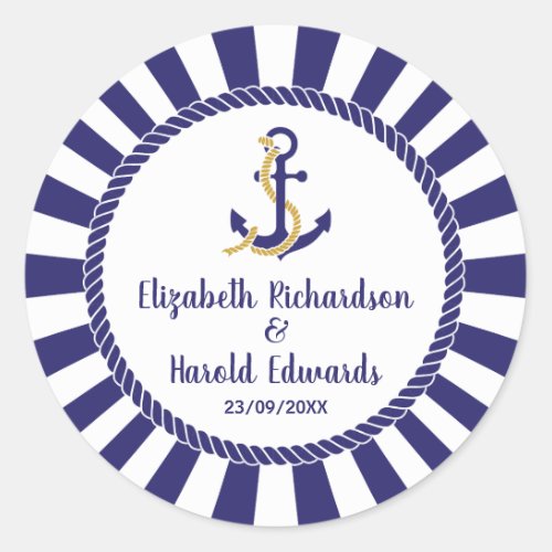 Elegant Nautical Wedding Navy Anchor Classic Round Sticker