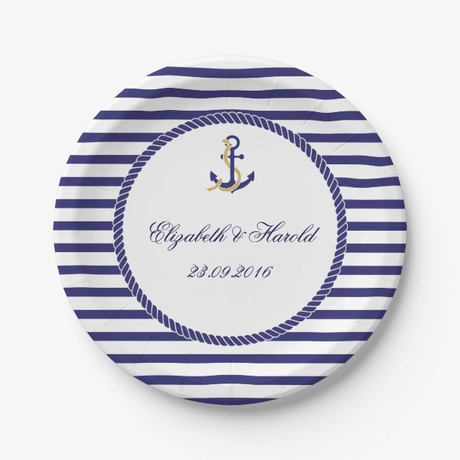 Elegant Nautical Wedding Navy Stripes Paper Plates (Front)