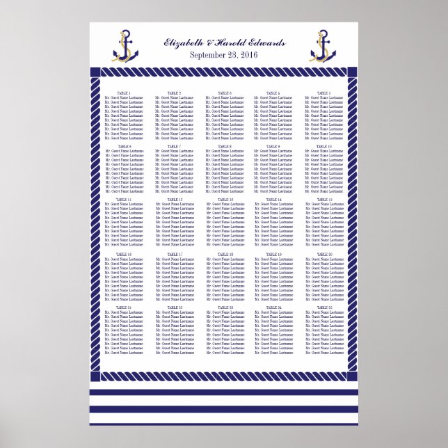 Elegant Nautical Wedding Navy Stripes Seat Chart (Front)