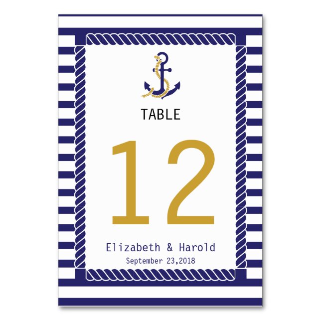 Elegant Nautical Wedding Navy Stripes Table Number (Back)