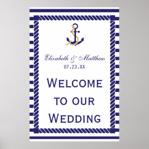 Elegant Nautical Wedding Navy Stripes Welcome Poster