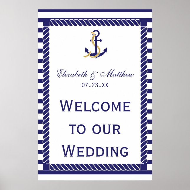 Elegant Nautical Wedding Navy Stripes Welcome Poster (Front)