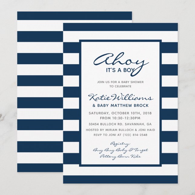 Elegant Nautical White Blue Anchor Boy Baby Shower Invitation (Front/Back)