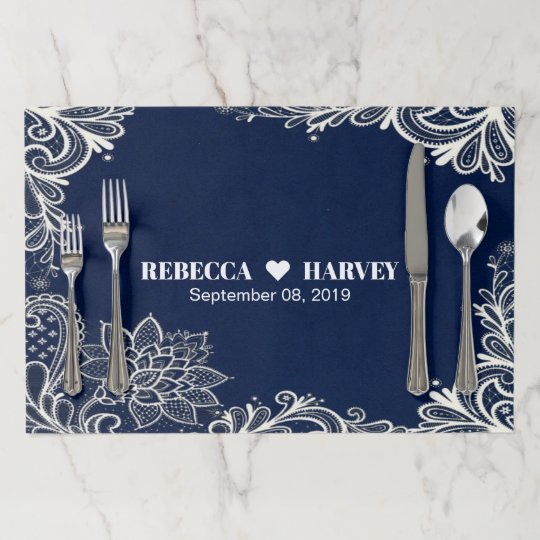 elegant nautical white lace navy blue wedding paper placemat Zazzle