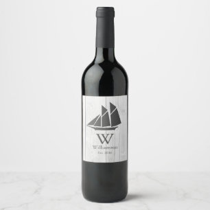 Elegant Nautical White Wood Gray Sailboat Wine Label