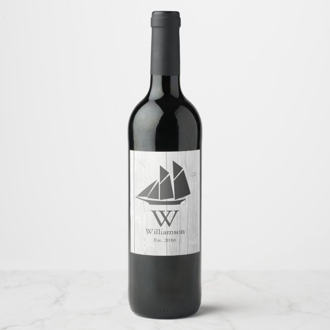 Elegant Nautical White Wood Gray Sailboat Wine Label (Front)