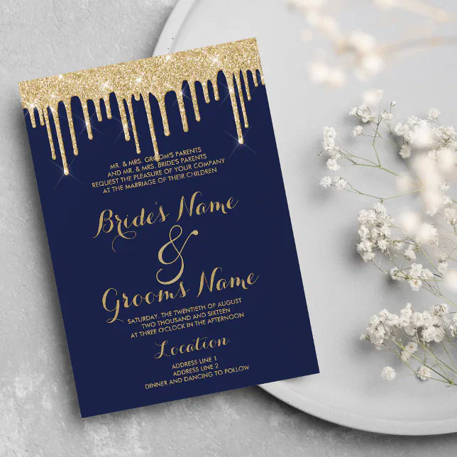 Elegant nave blue gold glitter drips Wedding Invitation Zazzle