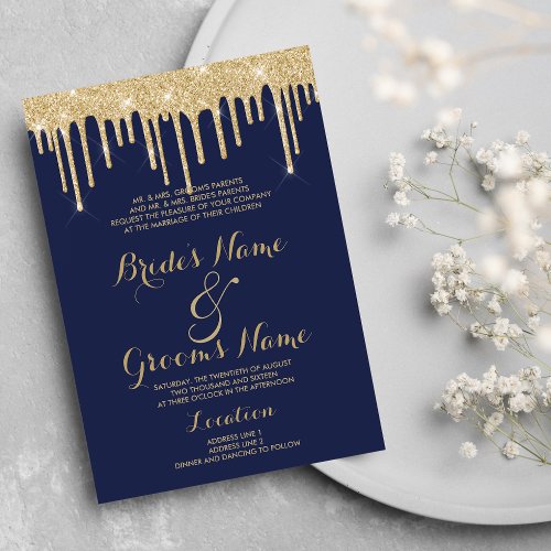 Elegant nave blue gold glitter drips Wedding Invitation