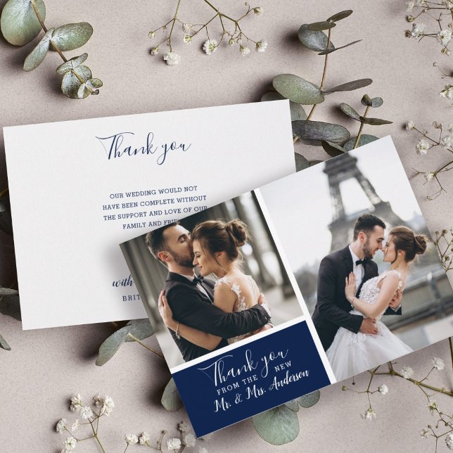 Elegant Navy 2 Photo Collage Wedding Note Card (Creator Uploaded)