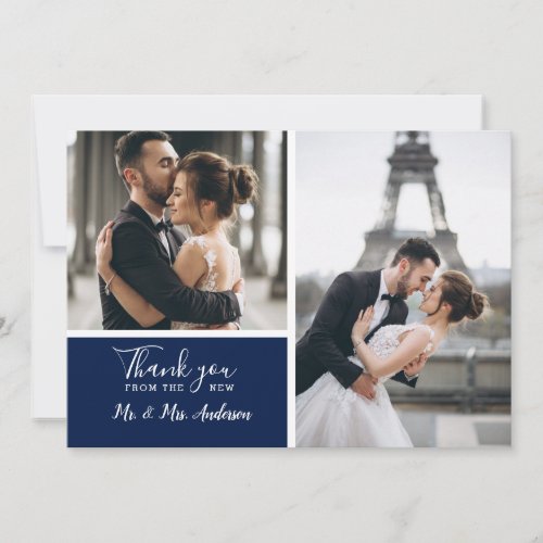 Elegant Navy 2 Photo Collage Wedding Thank You Card