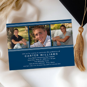 Elegant Navy 3 Photo Graduation Party Invitation
