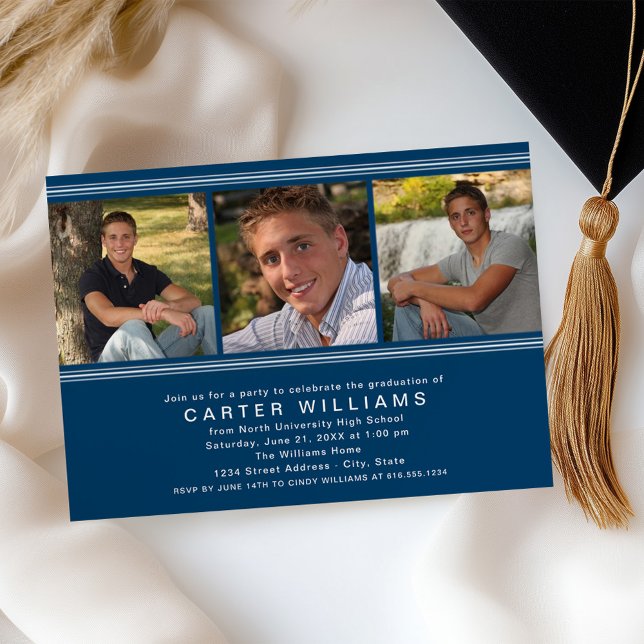 Elegant Navy 3 Photo Graduation Party Invitation (Creator Uploaded)
