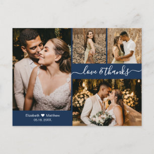 Elegant Navy 4 Photo Collage Wedding Thank You Postcard