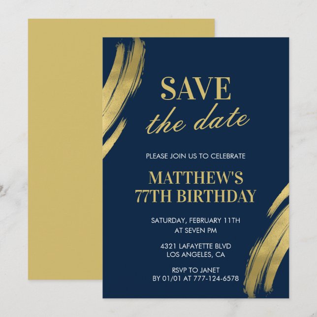 Elegant Navy 77th birthday Save the date  Invitation (Front/Back)