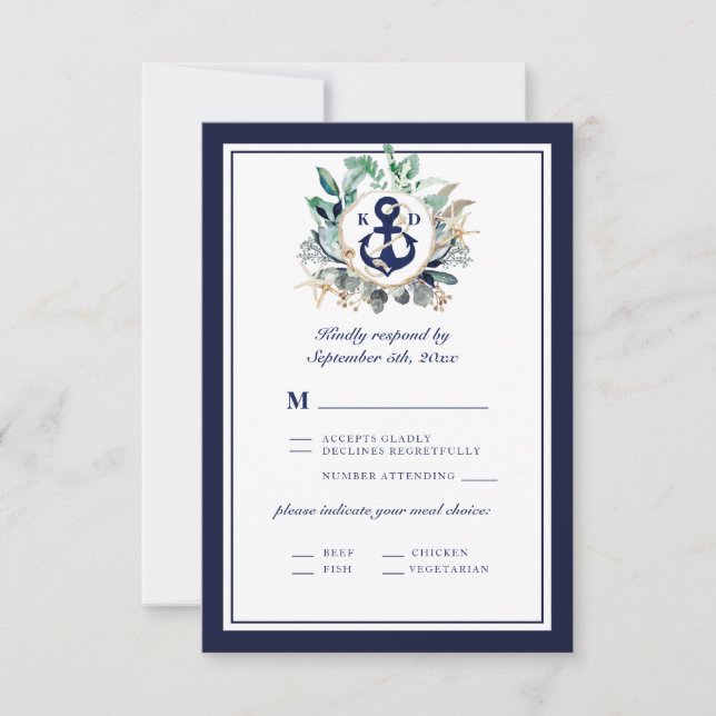 Elegant Navy Anchor Greenery Lines Meal Choice RSVP Card (Front)