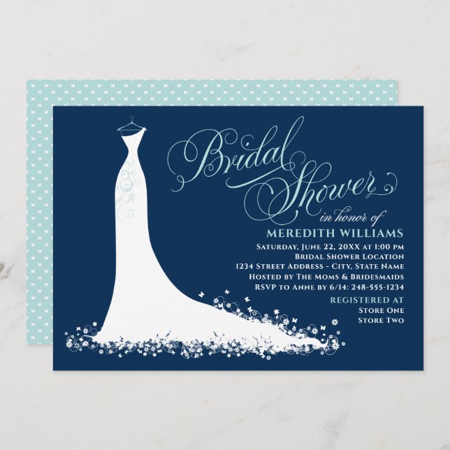 Elegant Navy and Aqua Wedding Gown Bridal Shower Invitation (Front/Back)