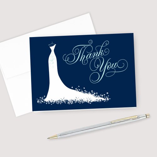 Elegant Navy and Aqua Wedding Gown Bridal Shower Thank You Card