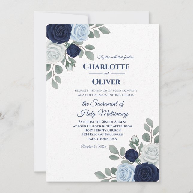 Elegant Navy and Blue Floral Wedding Invitation (Front)