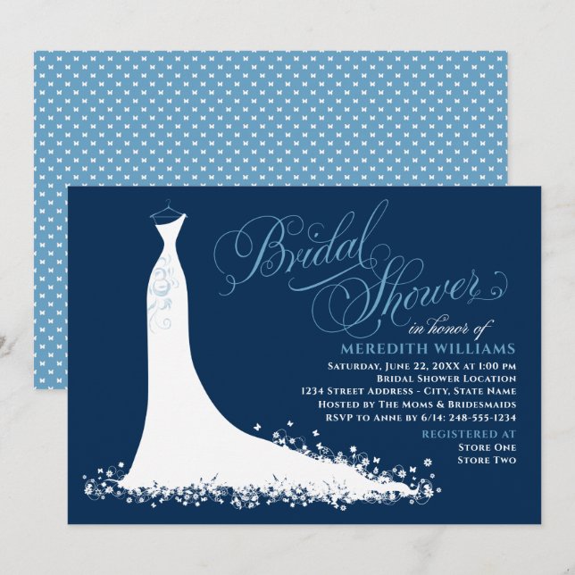 Elegant Navy and Blue Wedding Gown Bridal Shower Invitation (Front/Back)