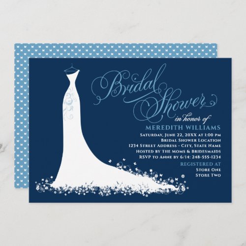 Elegant Navy and Blue Wedding Gown Bridal Shower Invitation