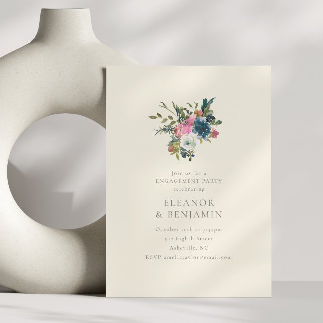 Elegant Navy and Blush Floral Engagement Party Invitation (Creator Uploaded)