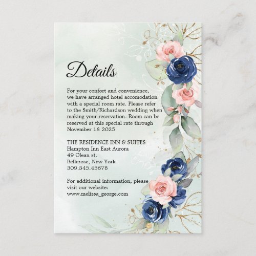 Elegant Navy and Blush Floral Green Wreath Details Enclosure Card