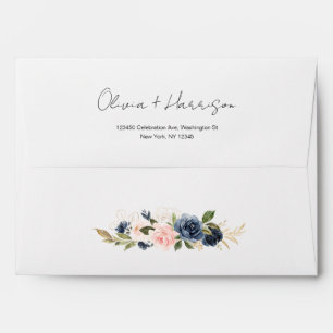 Elegant Navy and Blush Pink Floral Wedding Envelope