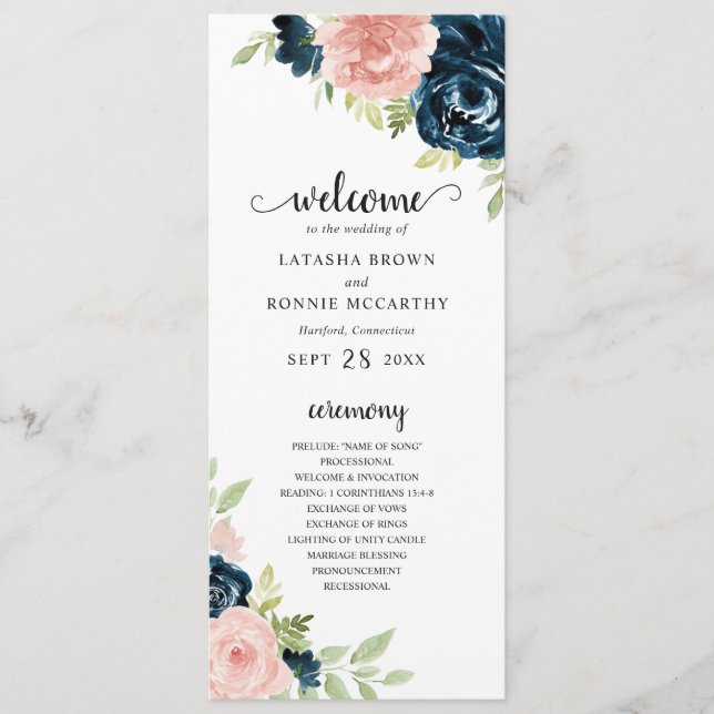 Elegant Navy and Blush Pink Floral Wedding Program (Front)