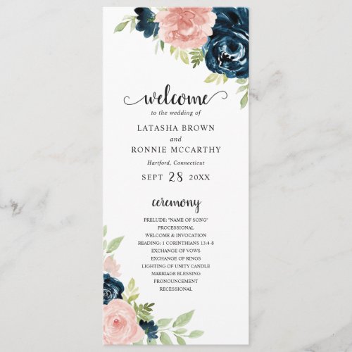 Elegant Navy and Blush Pink Floral Wedding Program