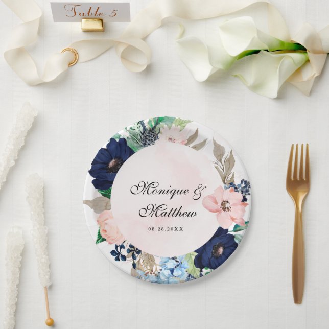 Elegant Navy and Blush Pink Florals Wedding Paper Plates (Wedding)