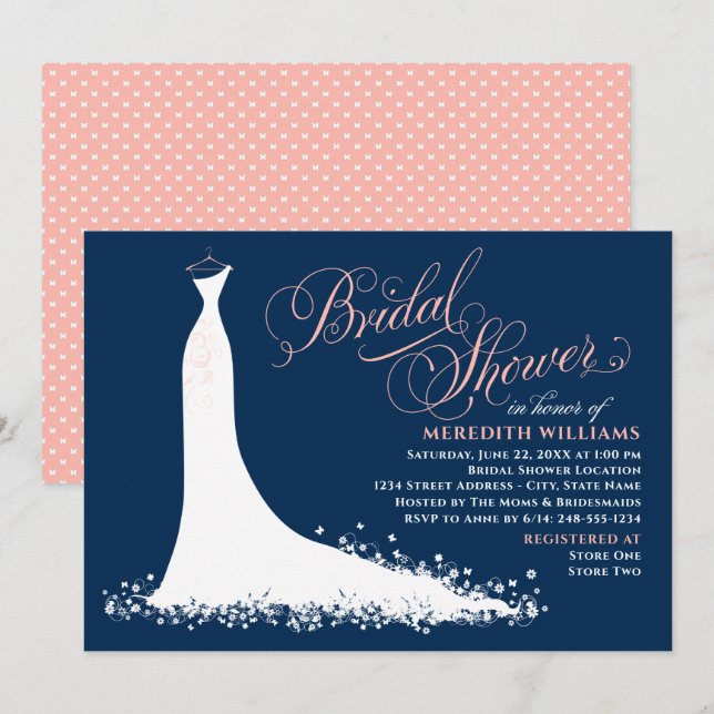 Elegant Navy and Blush Wedding Gown Bridal Shower Invitation (Front/Back)