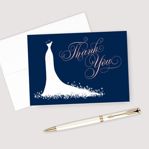 Elegant Navy and Blush Wedding Gown Bridal Shower Thank You Card