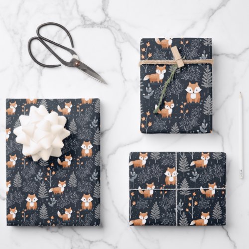 Elegant navy and brown woodland winter animals wrapping paper sheets