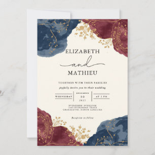 Elegant Navy and Burgundy Botanical Wedding Invitation