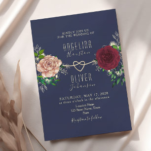 Elegant Navy and Burgundy Floral Wedding Invitation