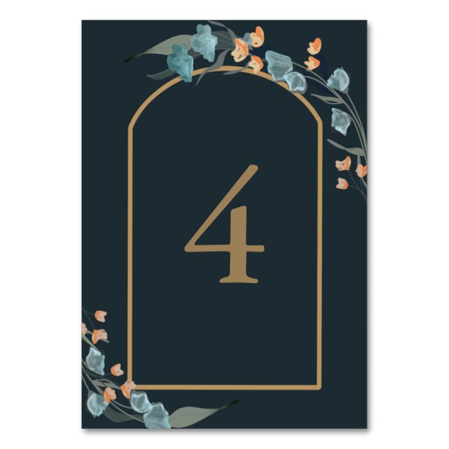 Elegant Navy and Dusty Blue Botanical Table Number (Front)