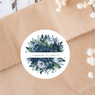 Elegant Navy and dusty Blue floral modern Wedding Classic Round Sticker