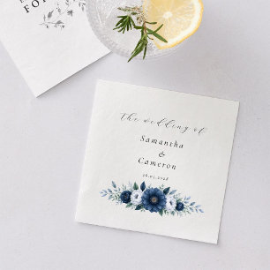 Elegant Navy and dusty Blue floral modern Wedding Napkins