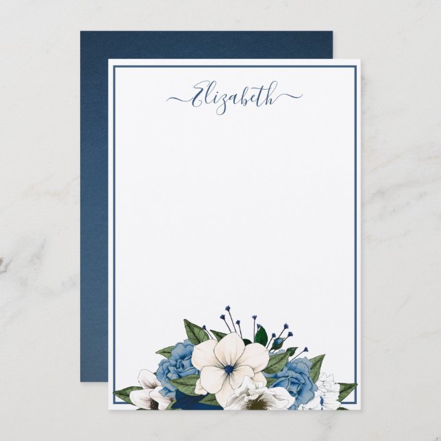 Elegant Navy and Dusty Blue Floral Personalized Note Card (Front/Back)