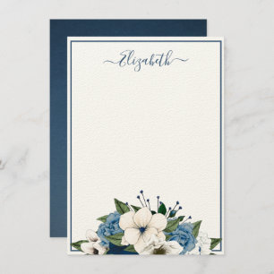 Elegant Navy and Dusty Blue Floral Personalized Note Card