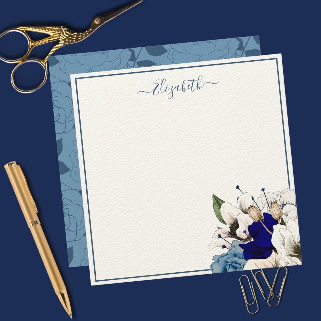 Elegant Navy and Dusty Blue Floral Personalized Note Card (Creator Uploaded)