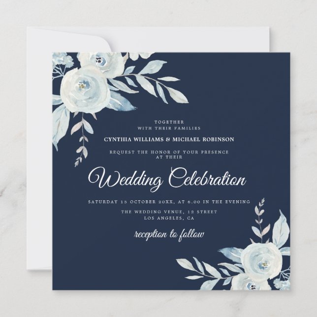 elegant navy and dusty blue floral wedding invitation (Front)